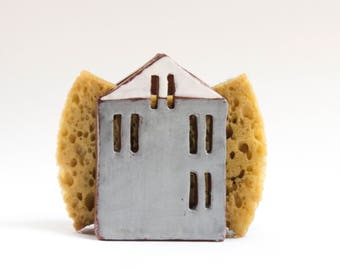 Gray House-Napkin Holder-Sponge Holder-Ceramic House-Kitchen Storage-Ceramics Gifts