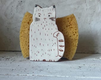 White Ceramic Cat-One F A Kind-Sponge Holder-Kitchen Holder-Ceramics And Pottery