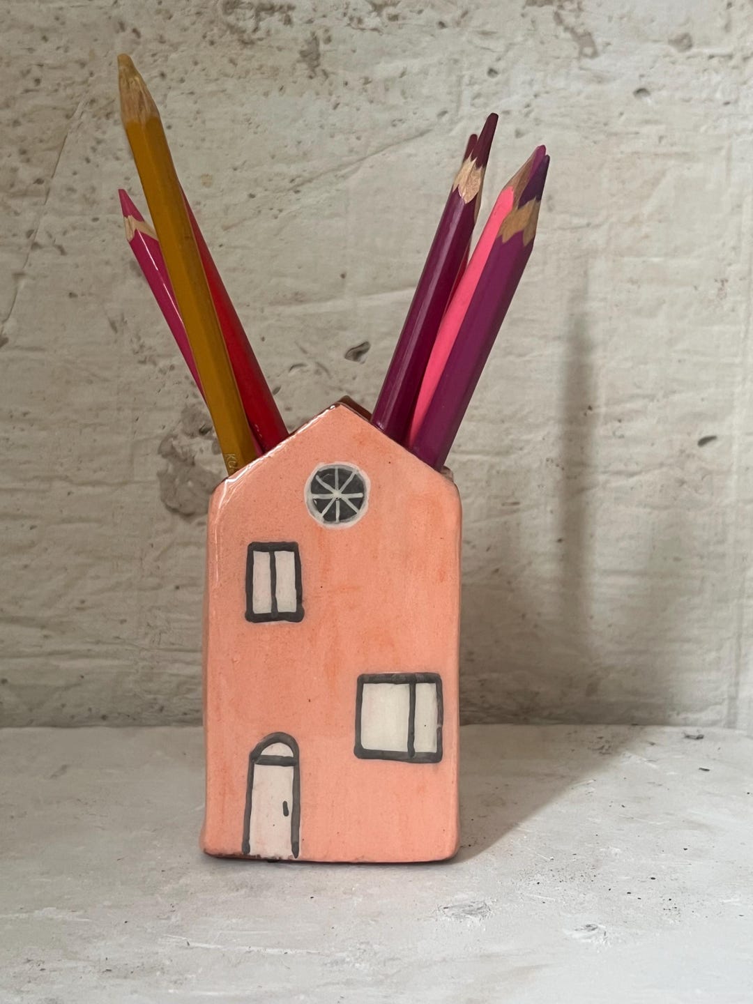 Hand-built Ceramic House Pencil Holder, Pink Glazed Pottery Desk ...