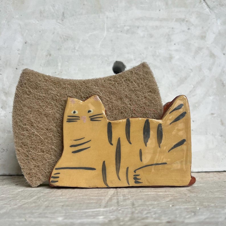 Scouring Sponge Red Sponge Holder-red Ceramic Cat-ginger Cats-kitchen Holder-ceramics and ...