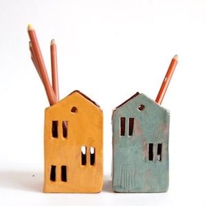 Ceramic House Pencil Holder-Handmade Pottery Desk Organizer-Scandinavian Minimalist Decor