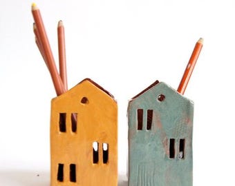 Ceramic House Pencil Holder-Handmade Pottery Desk Organizer-Scandinavian Minimalist Decor