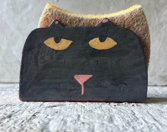 Kitchen Organizer-Napkin Holder-Sponge Holder-Black-or White-Cat-Ceramics And Pottery