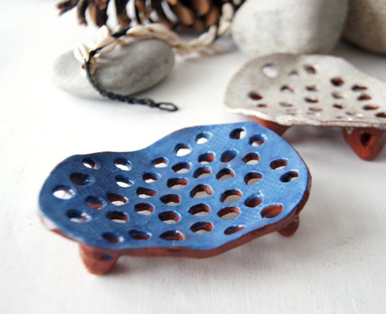 Blue Soap Dish-Ceramic Soap Dish-Bathroom Accessories Soap Holder-Draining Soap Dish image 1