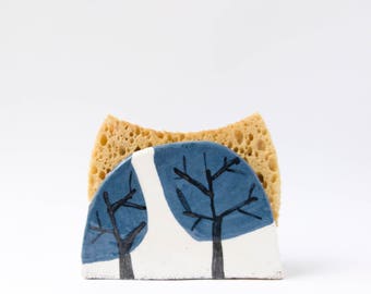 Blue Trees Napkin Holder-Sponge Holder-Winter Kitchen Decor-Handmade Ceramics