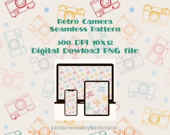 Retro Camera, Seamless Repeating pattern, Surface Design, Digital Download - PNG File, illustration