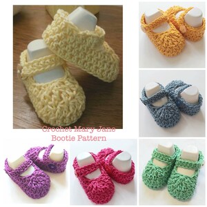 May include: Crochet Mary Jane Bootie Pattern. A collage of images showing six pairs of crocheted baby booties in different colors: yellow, blue, green, pink, and purple.