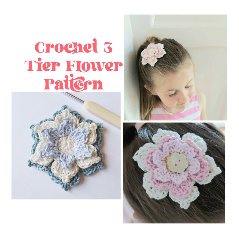 May include: Crochet 3 Tier Flower Pattern. Three crocheted flowers in different colors, blue, white, and pink, with a button in the center of the pink flower. The flowers are shown on a white background.