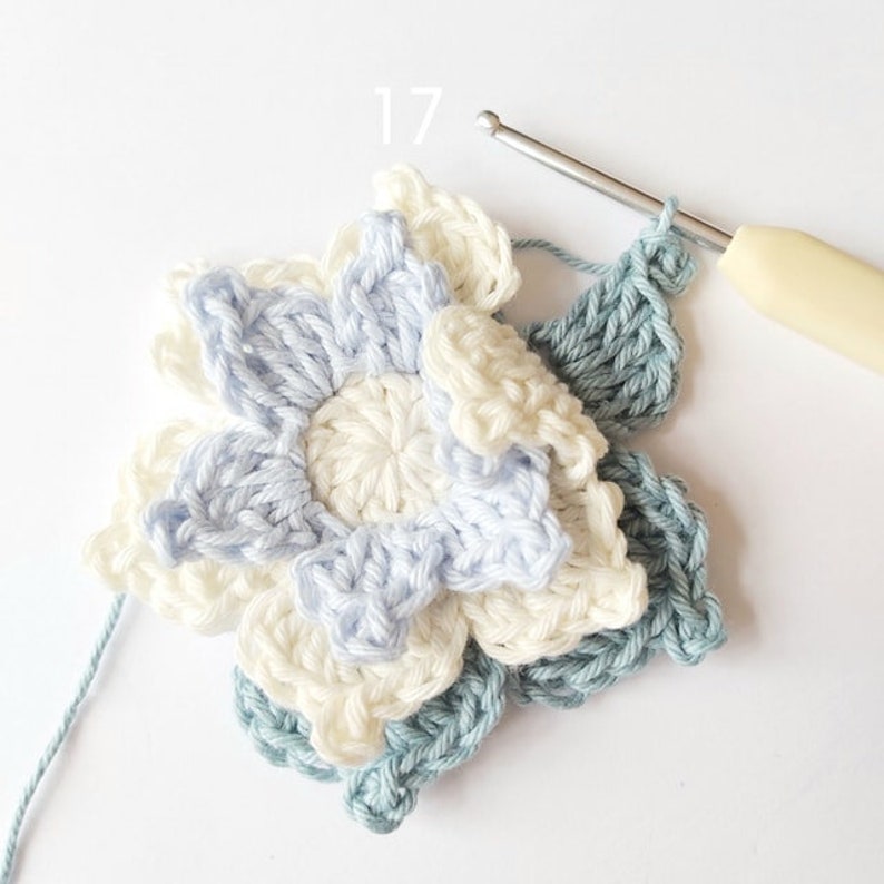May include: A close-up of a crocheted flower with three layers in shades of blue and white. The flower is being worked on with a crochet hook and yarn.