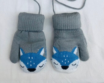 Cute soft warm kids baby toddler children 1-3 years old winter fox gloves mittens with string Christmas gift present