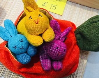 Cute organic 3 rabbits in carrot handmade cotton learning soft toys for kids children decorations accessories gift present idea