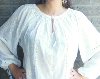 White silk embroided Romanian blouse handmade unique cross stitching folklore inspiration blouse