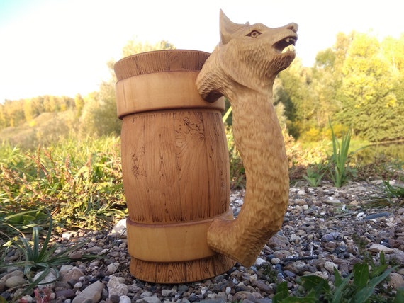 Mug with a handle Wolf wooden