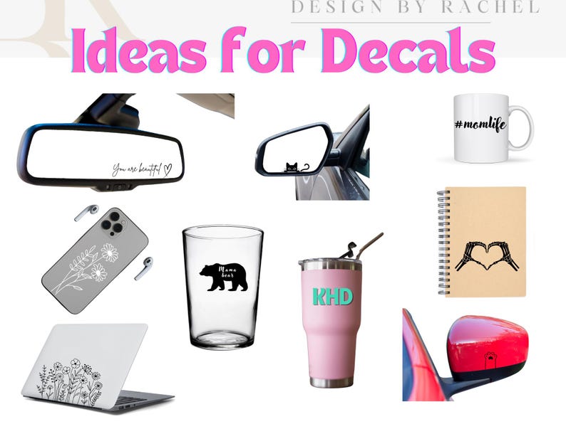 Peut inclure: Collection d'autocollants et de d&eacute;calcomanies, dont un r&eacute;troviseur de voiture avec le texte "You are beautiful", une coque de t&eacute;l&eacute;phone avec un motif floral, une tasse &agrave; caf&eacute; avec le texte "#momlife" et un gobelet rose avec des initiales.