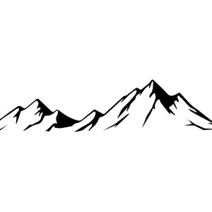 Peut inclure: Illustration en noir et blanc d'une cha&icirc;ne de montagnes. Les sommets sont repr&eacute;sent&eacute;s avec des lignes angulaires et un design minimaliste. L'image est pos&eacute;e sur un fond blanc uni.