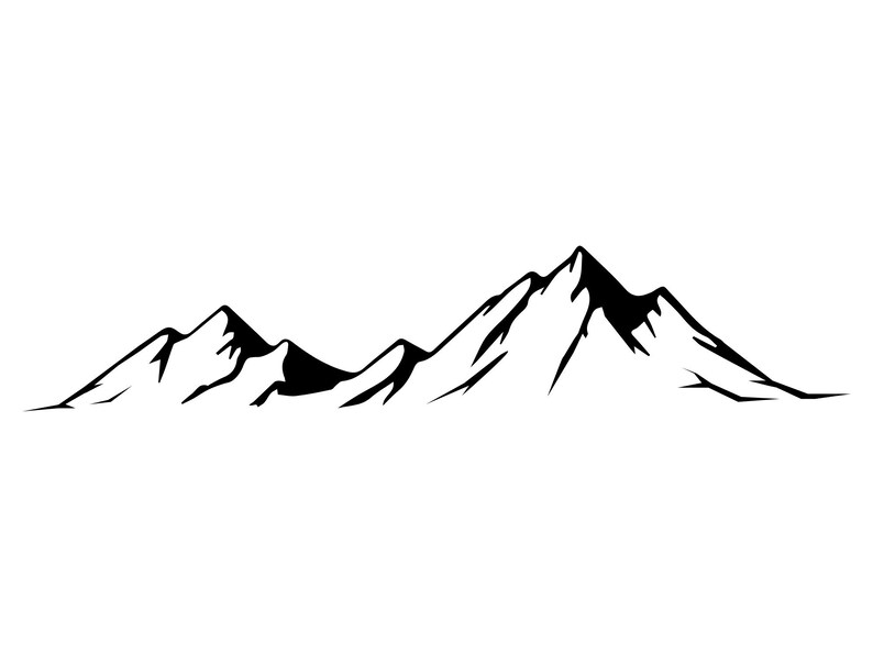 Peut inclure: Illustration en noir et blanc d'une cha&icirc;ne de montagnes. Les sommets sont repr&eacute;sent&eacute;s avec des lignes angulaires et un design minimaliste. L'image est pos&eacute;e sur un fond blanc uni.