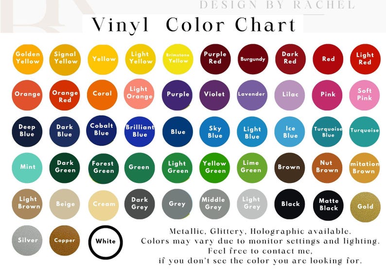 Peut inclure: Un nuancier de couleurs vinyle avec une vari&eacute;t&eacute; de couleurs, dont le jaune, l'orange, le rouge, le bleu, le vert et le marron, ainsi que des options m&eacute;talliques. Le tableau comprend le texte "Vinyl Color Chart" et "DESIGN BY RACHEL".