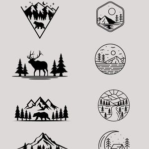 Peut inclure: Une collection d'autocollants noirs et blancs sur le th&egrave;me du plein air, avec des montagnes, des arbres, des ours et des &eacute;lans. Le texte "lots more decals available!" est en haut. Le nom de l'artiste, "RB Design by Rachel", est en bas.