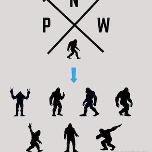 Peut inclure: Un autocollant gris clair avec des silhouettes noires de Bigfoot dans diff&eacute;rentes poses. Le design comprend les lettres "N", "W" et "P" avec une fl&egrave;che, et le texte "ALL MY SHOP DECALS ARE TOTALLY CUSTOMIZABLE".