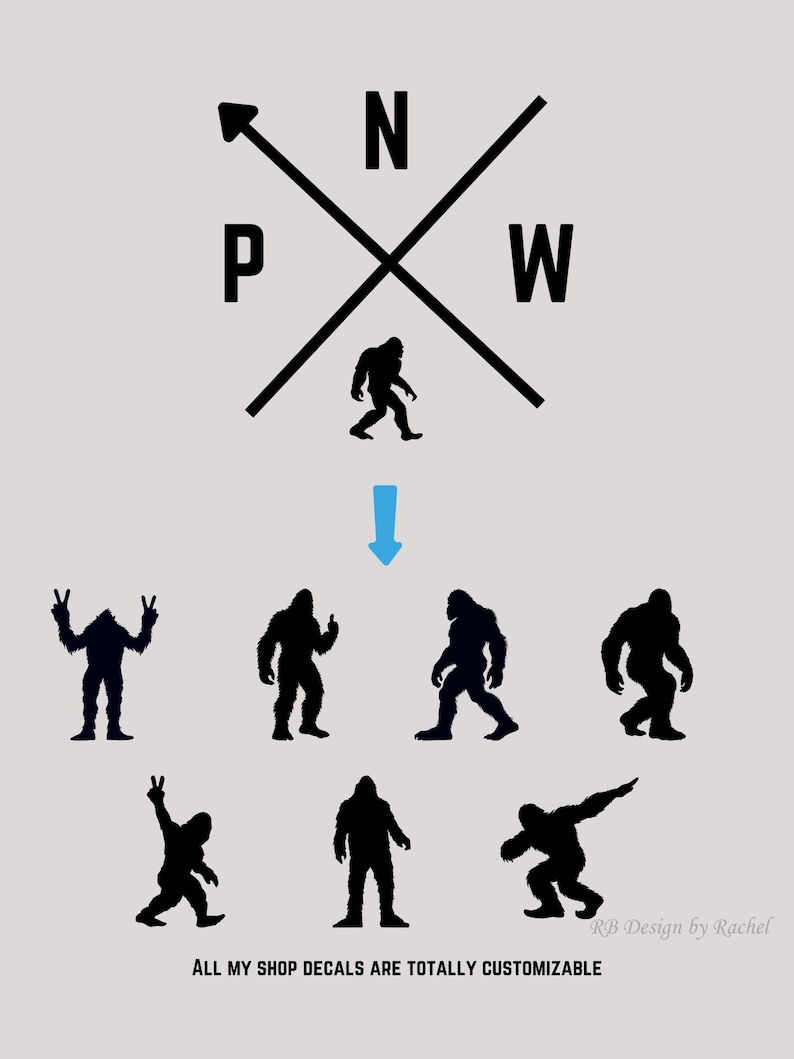 Peut inclure: Un autocollant gris clair avec des silhouettes noires de Bigfoot dans diff&eacute;rentes poses. Le design comprend les lettres "N", "W" et "P" avec une fl&egrave;che, et le texte "ALL MY SHOP DECALS ARE TOTALLY CUSTOMIZABLE".