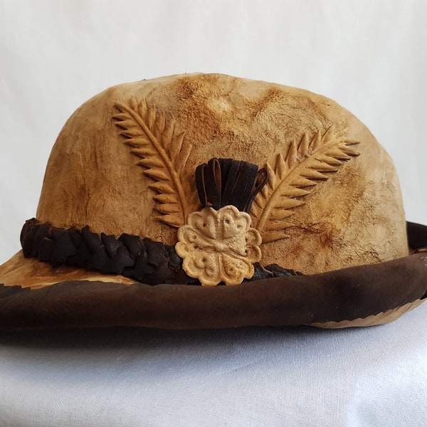 Amadou Homburg Hat With Leaves and Flower