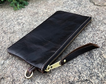Luxury Leather Zipper Pouch with Inside Pocket. Pull Up Leather Clutch Wallet for Men and Women. Artisan Made in USA.