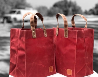 Reusable Shopping Bag Set. Two Naturally Anti-Microbial and Weather Resistant Waxed Canvas Market Totes. Bags Fold Flat. Handcrafted in USA.