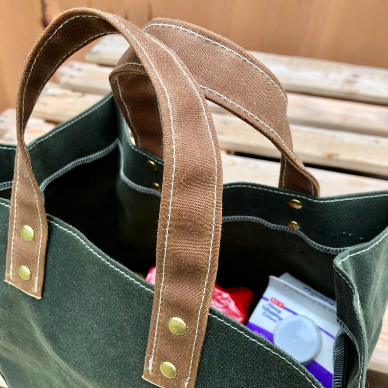 Reusable Shopping Bag. Waxed Canvas Market Tote with handles. Carry your Groceries Home. Weather Resistant, Eco Friendly Wax. Made in USA image 5