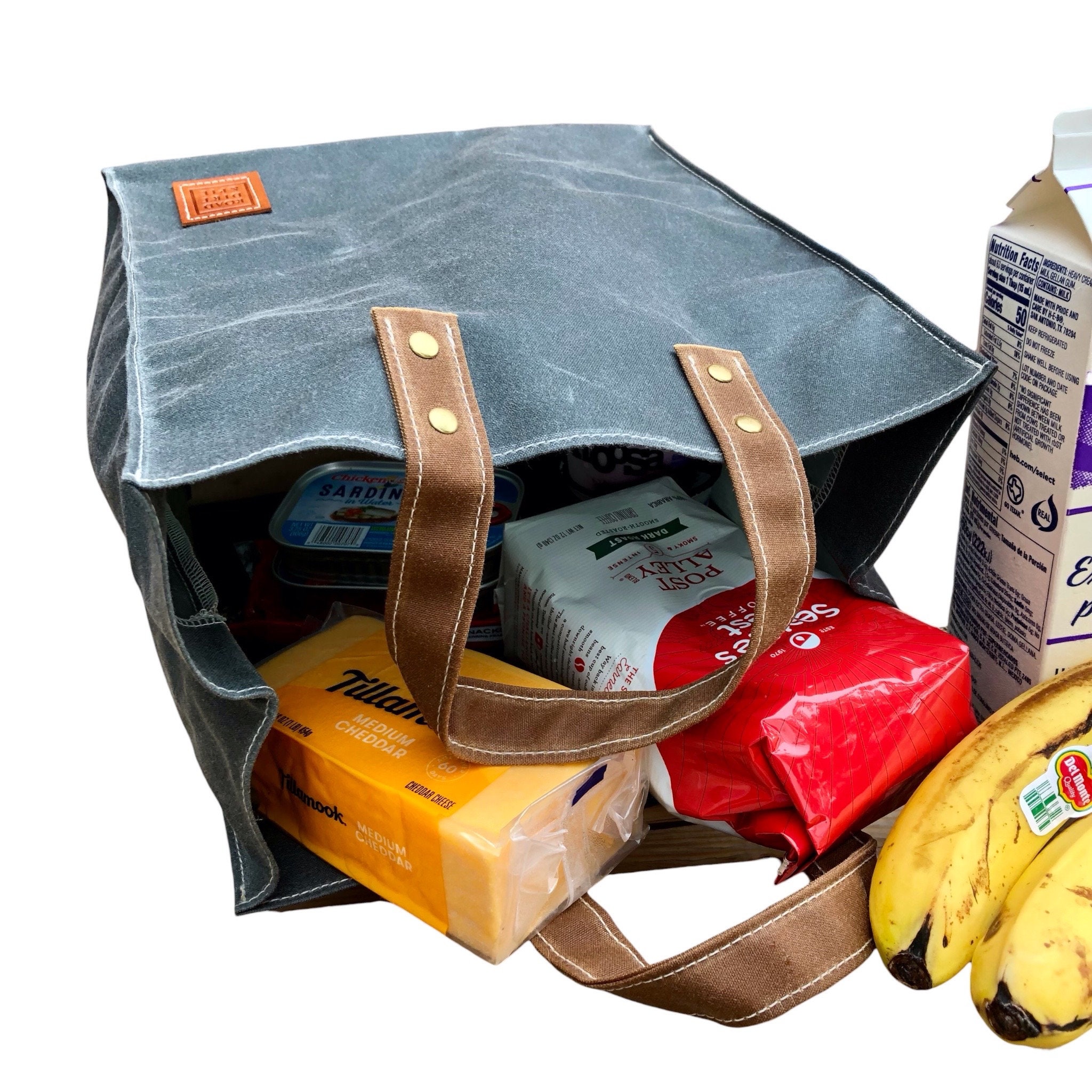 Waxed Canvas Reusable Shopping Bag with Handles. Repels Water and Folds Flat. An Eco Friendly Market Tote built to last. Handcrafted in USA