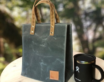 Small Waxed Canvas Tote with an Optional Inside Pocket. A Weather Resistant and Rugged Bag for Men and Women. Handmade in USA.