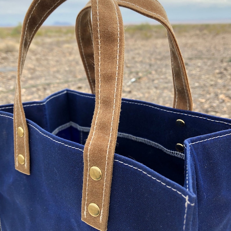 Small Waxed Canvas Tote Bag. Work Bag for your daily essentials, project or lunch. Weather Resistant and Many Colors. Handmade in the USA. Blue
