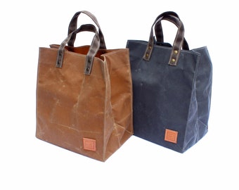 Shopping Bag Set. Two Reusable Grocery Bags, Stout and Sturdy Waxed Canvas Market Totes. Handcrafted in USA