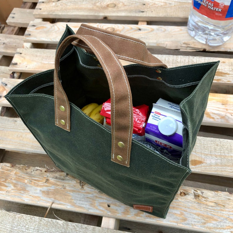 Reusable Shopping Bag. Waxed Canvas Market Tote with handles. Carry your Groceries Home. Weather Resistant, Eco Friendly Wax. Made in USA image 2