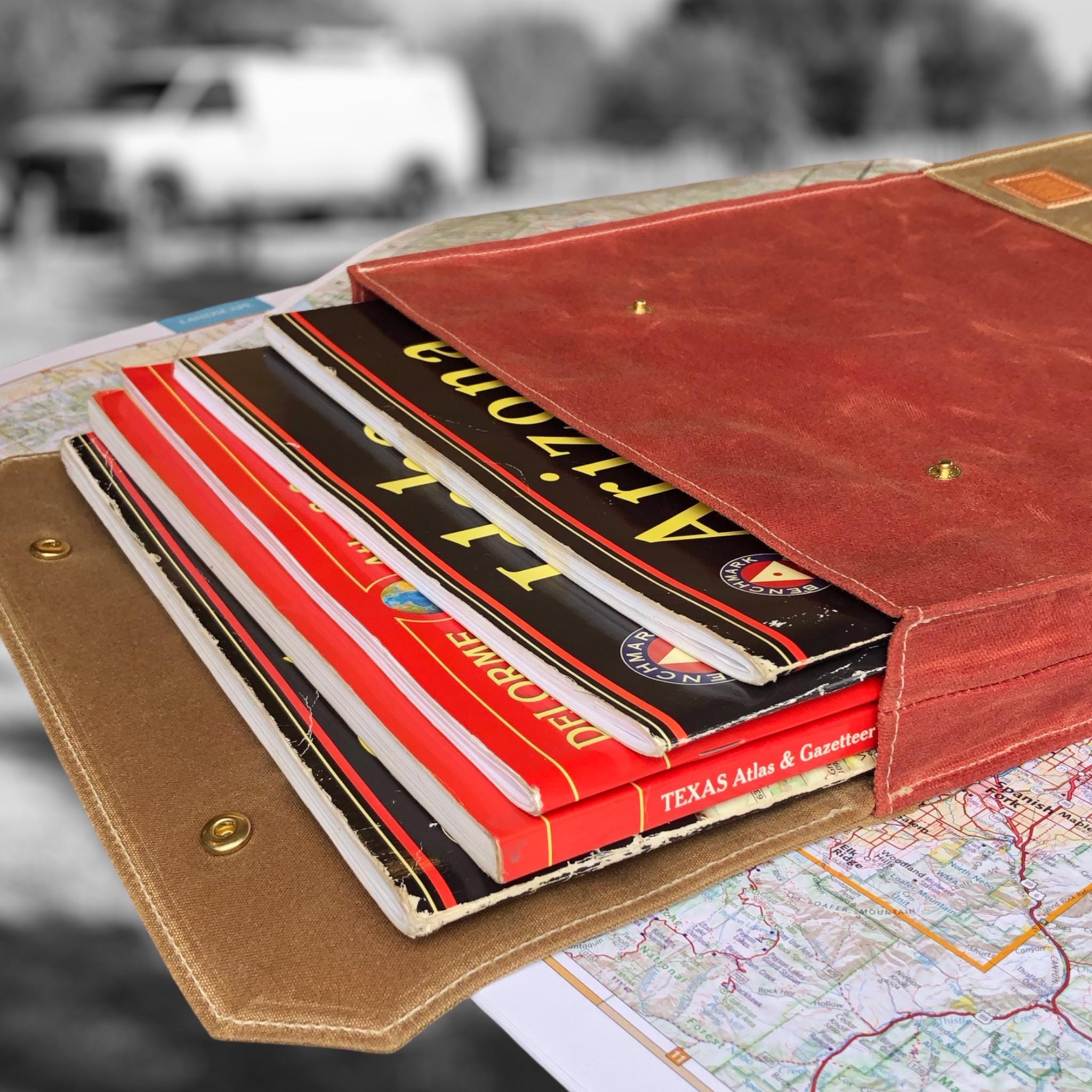 Canvas Map Bag for Oversized State Atlas and Recreation Guides, Travel Documents and Receipts. Camper Van & Vanlife Gift. Made in USA.