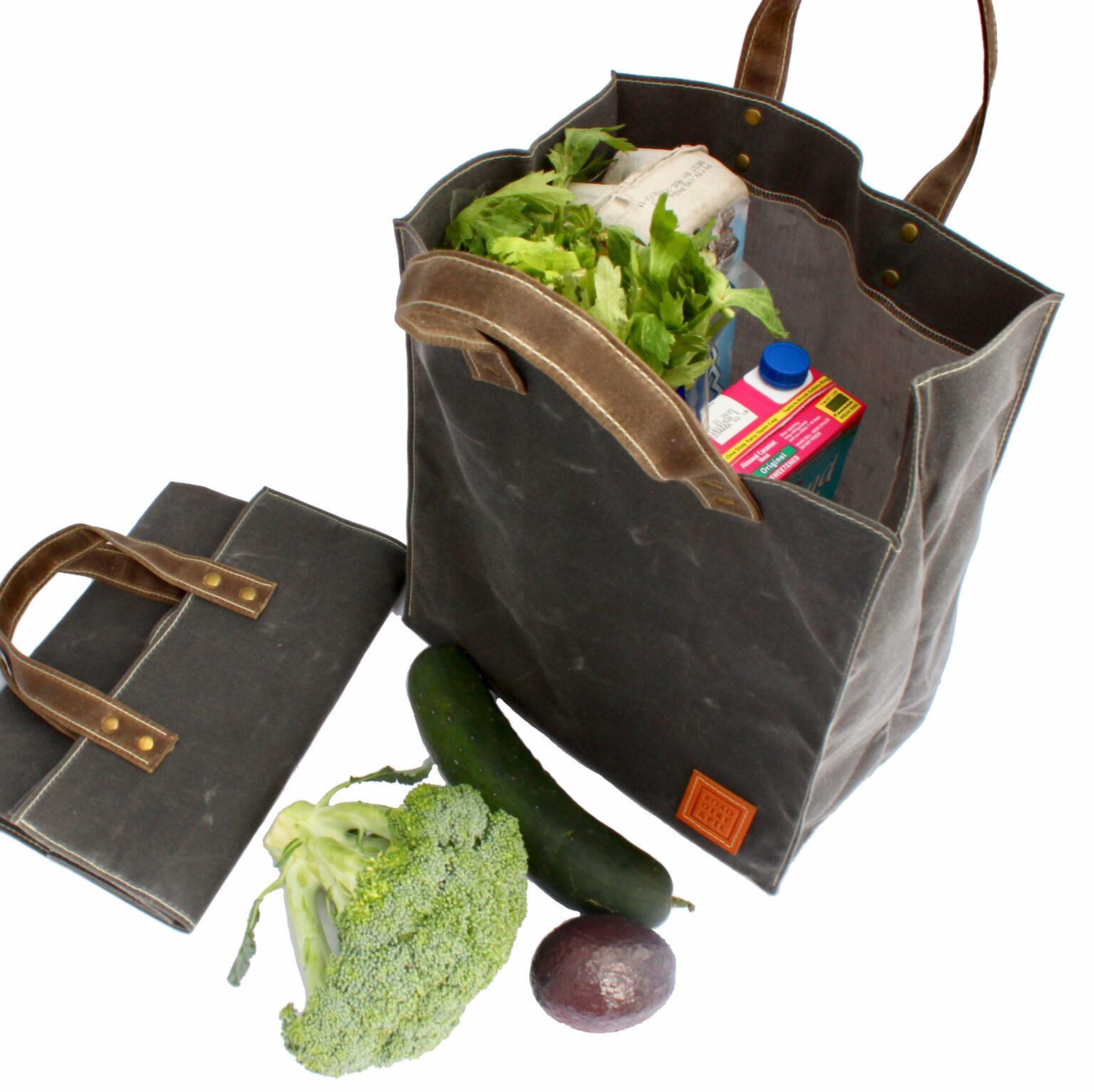 Two Reusable Grocery Bags. Waxed Canvas Market Tote With Short