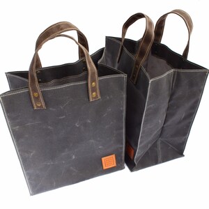 Reusable Shopping Bag Set. Two Naturally Anti-Microbial and Weather Resistant Waxed Canvas Market Totes. Bags Fold Flat. Handcrafted in USA.