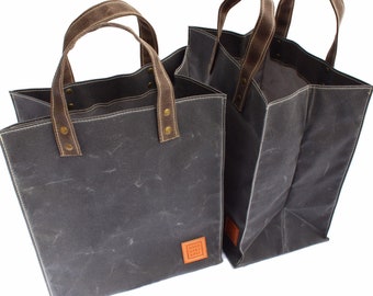 Reusable Shopping Bag Set. Two Naturally Anti-Microbial and Weather Resistant Waxed Canvas Market Totes. Bags Fold Flat. Handcrafted in USA.