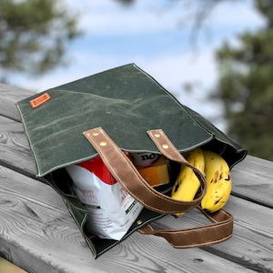 Reusable Shopping Bag. Waxed Canvas Market Tote with handles. Carry your Groceries Home. Weather Resistant, Eco Friendly Wax. Made in USA image 1