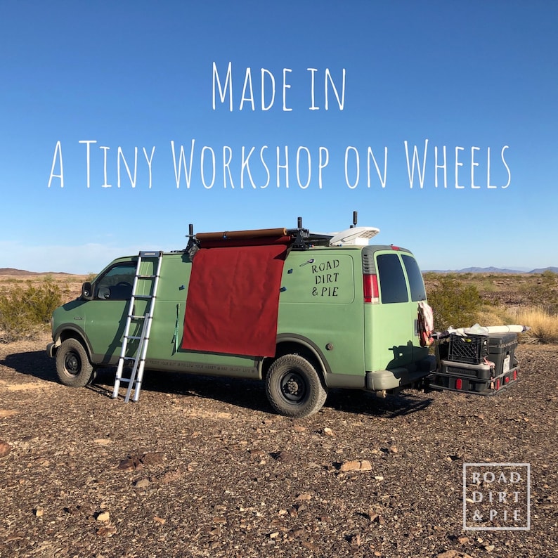 The Road Dirt & Pie van, parked in the desert to cut waxed canvas off the roll, mounted on the roof with the other colors. It’s a self built, campervan and tiny workshop on wheels, and beautiful tote bags are made inside. Handcrafted in the USA.