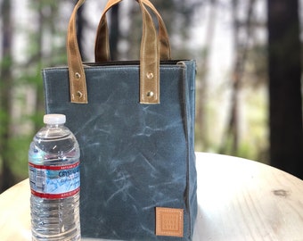 Lunch Bag with Handles, Waxed Canvas Tote for Your Small Project or Knitting. Rugged Wide Mouth Lunch Tote Resists Water. Handcrafted in USA