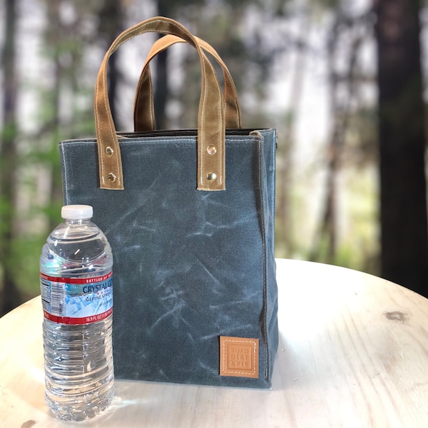 Lunch Bag with Handles, Waxed Canvas Tote for Your Small Project or Knitting. Rugged Wide Mouth Lunch Tote Resists Water. Handcrafted in USA