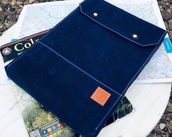 Overland Map and Atlas Bag. Blue Waxed Canvas Soft Storage Case. Gift the Adventure Seeking Traveler in Your Life. Handcrafted in USA.