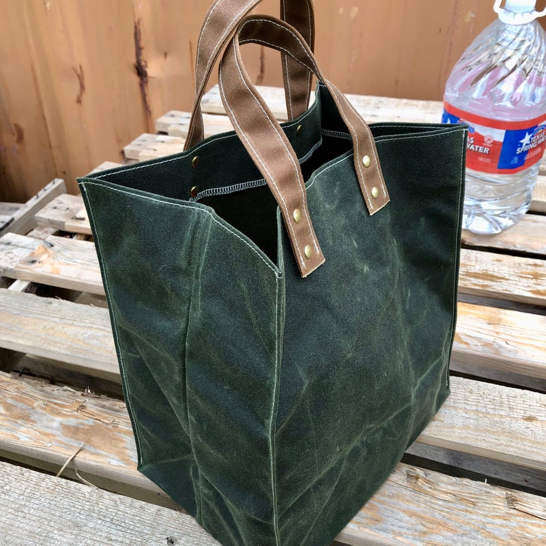 Reusable Shopping Bag. Waxed Canvas Market Tote with handles. Carry your Groceries Home. Weather Resistant, Eco Friendly Wax. Made in USA image 3