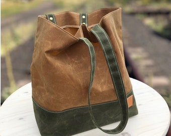 Waxed Canvas Shoulder Tote Bag. Simple and Unlined with Long Handles, for Easy Carry. A Farmers Market Bag or Shopping Tote. Made in USA