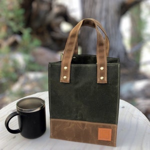 Waxed Canvas Tote Bag for your Lunch, Small Project or Knitting. Make it a Personalized Gift and Add a Custom Leather Name Tag. Made in USA