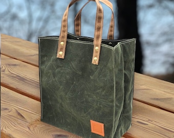 Small Waxed Cotton Tote Bag. Personal Sized Waxed Canvas Lunch Bag. Artisan Made and Easy to Gift. Handcrafted in USA.