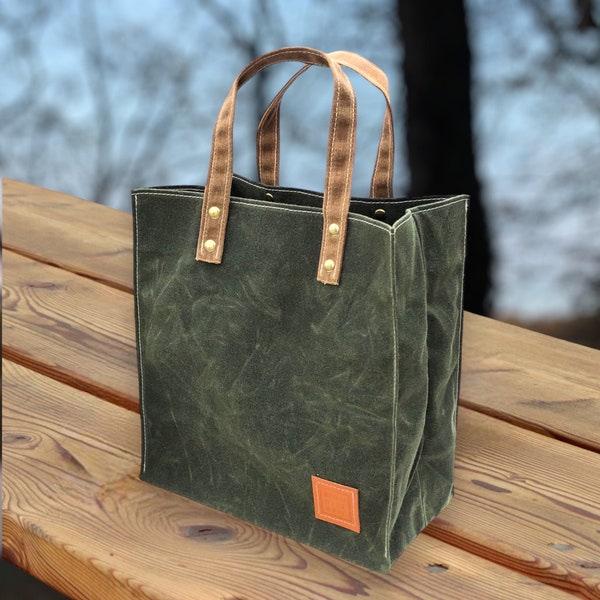 Small Green Tote Bag. Waxed Canvas Lunch Tote, with Eco Friendly Wax, is Naturally Weather Resistant and Anti Microbial. Handmade in USA