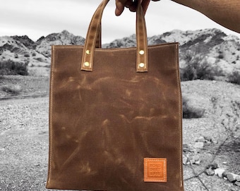 Small Waxed Cotton Tote Bag. Carry your Lunch, for Men and Women. Waxed Canvas is Eco Friendly, Stain and Weather Resistant. Made in USA.