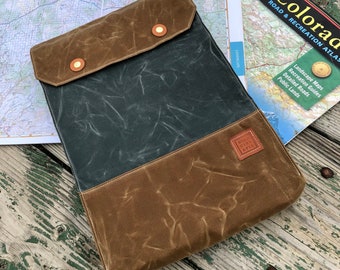 Artisan Made Map and Atlas Bag. Waxed Canvas Case for Oversized State Recreation Guides and Maps, Service Records and Travel Documents.
