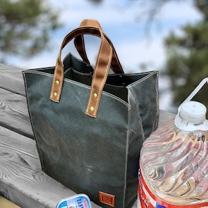 Waxed Canvas Reusable Shopping Bag with Handles. Repels Water and Folds Flat. An Eco Friendly Market Tote built to last. Handcrafted in USA